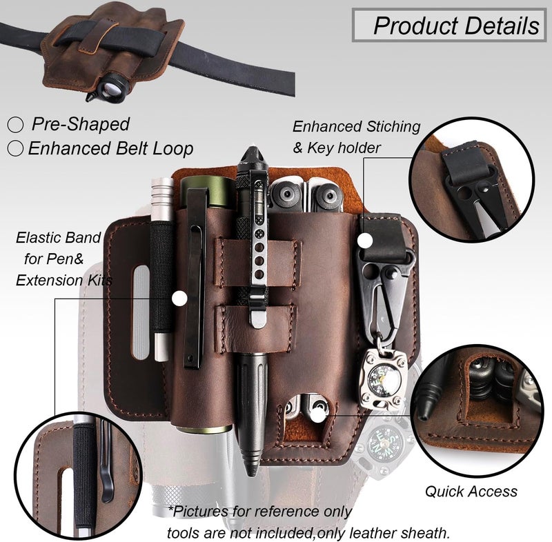 topstache Multitool Sheath for Belt - EDC Belt Organizer - Leather Multitool Holster with Flashlight Holder, Elastic Band Pen Holder and Keychain Clip - Multitool Holder - Multitool Pouch, Darkbrown - Image 3